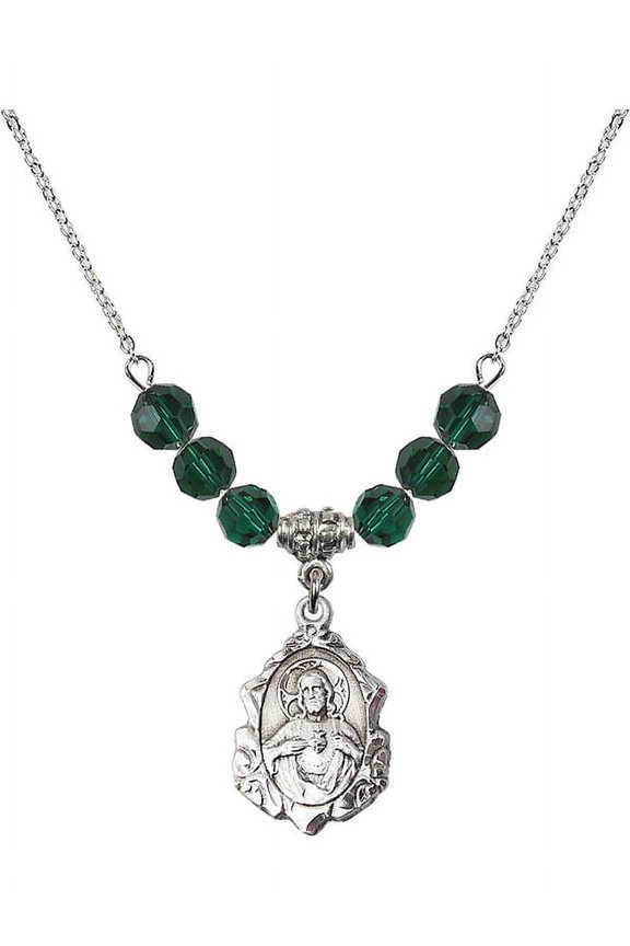18-Inch Rhodium Plated Necklace with 6mm Green May Birth Month Stone Beads and Scapular Charm