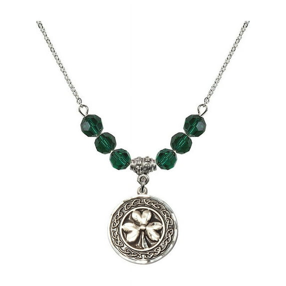 18-Inch Rhodium Plated Necklace with 6mm Green May Birth Month Stone Beads and Shamrock w/ Celtic Border Charm