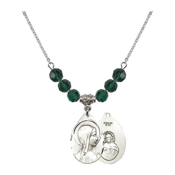 18-Inch Rhodium Plated Necklace with 6mm Green May Birth Month Stone Beads and Sorrowful Mother Charm
