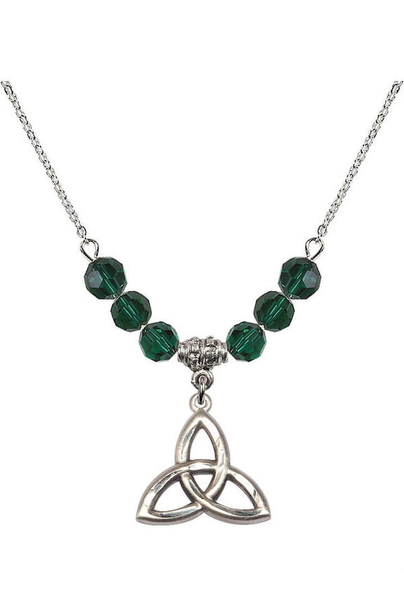 18-Inch Rhodium Plated Necklace with 6mm Green May Birth Month Stone Beads and Trinity Irish Knot Charm