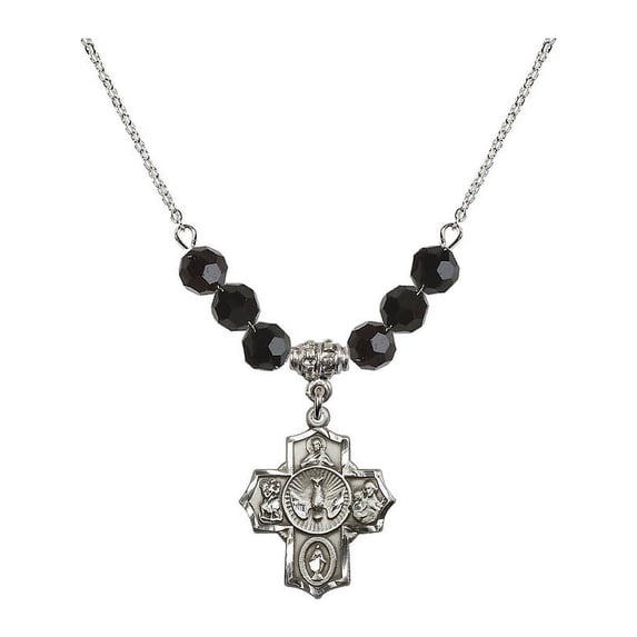 18-Inch Rhodium Plated Necklace with 6mm Jet Birth Month Stone Beads and 5-Way Charm