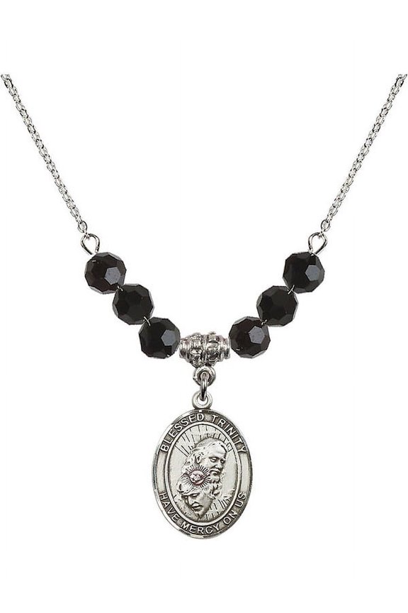18-Inch Rhodium Plated Necklace with 6mm Jet Birth Month Stone Beads and Blessed Trinity Charm
