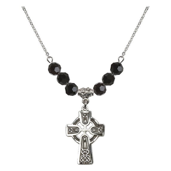 18-Inch Rhodium Plated Necklace with 6mm Jet Birth Month Stone Beads and Celtic Cross Charm