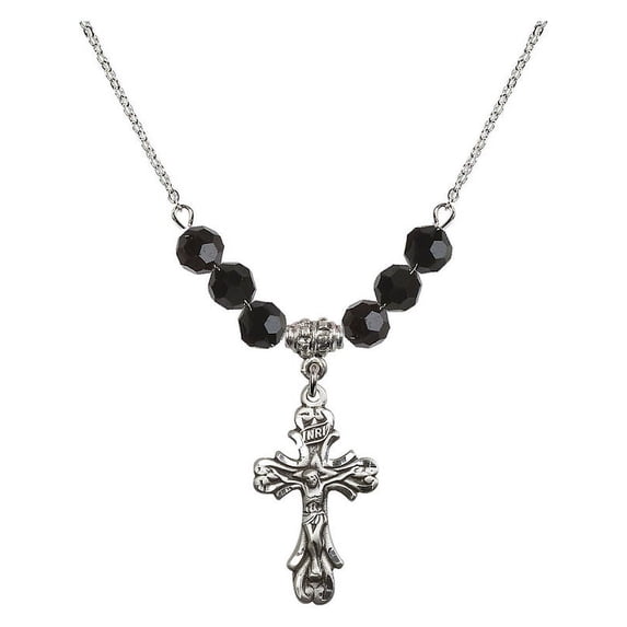 18-Inch Rhodium Plated Necklace with 6mm Jet Birth Month Stone Beads and Crucifix Charm