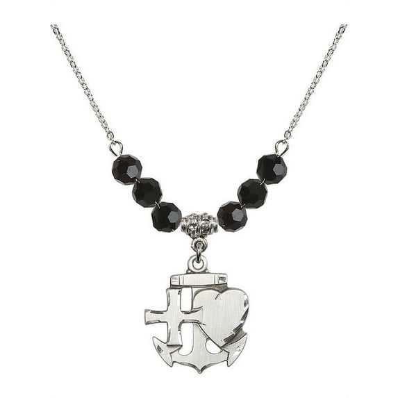 18-Inch Rhodium Plated Necklace with 6mm Jet Birth Month Stone Beads and Faith, Hope & Charity Charm