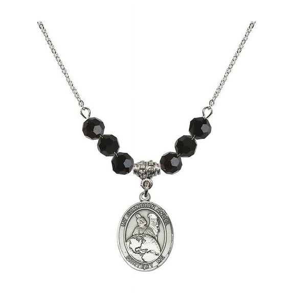 18-Inch Rhodium Plated Necklace with 6mm Jet Birth Month Stone Beads and Guardian Angel Protector Charm