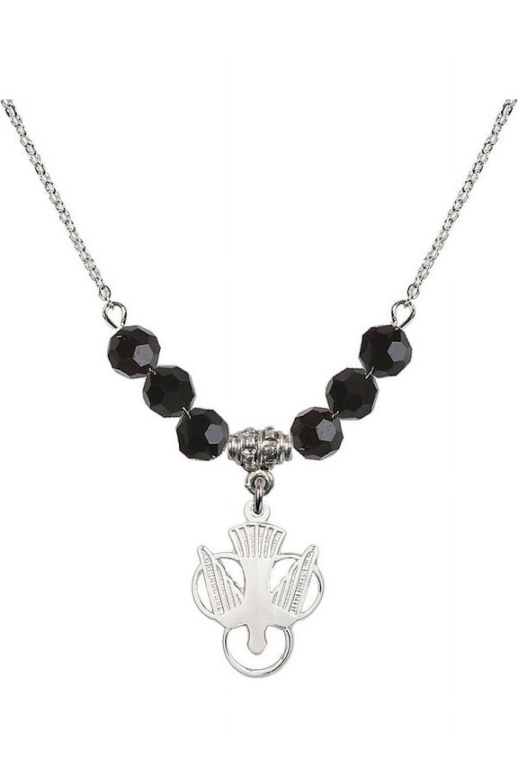 18-Inch Rhodium Plated Necklace with 6mm Jet Birth Month Stone Beads and Holy Spirit Charm