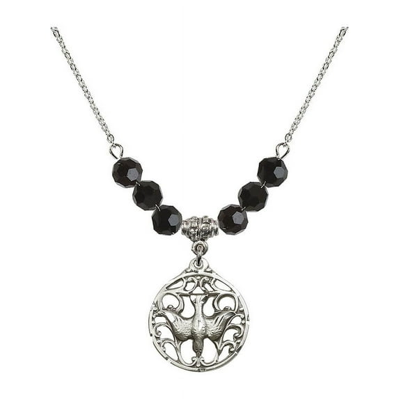 18-Inch Rhodium Plated Necklace with 6mm Jet Birth Month Stone Beads and Holy Spirit Charm