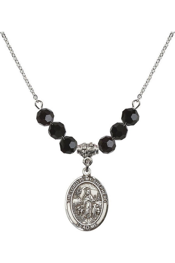 18-Inch Rhodium Plated Necklace with 6mm Jet Birth Month Stone Beads and Lord Is My Shepherd Charm