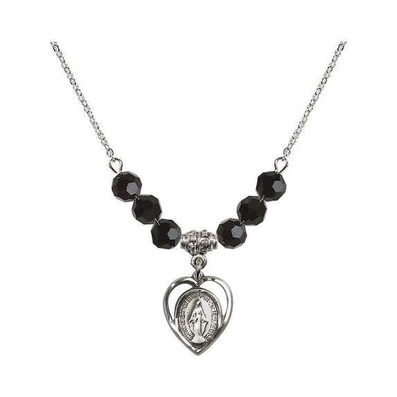 18-Inch Rhodium Plated Necklace with 6mm Jet Birth Month Stone Beads and Miraculous Charm