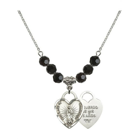 18-Inch Rhodium Plated Necklace with 6mm Jet Birth Month Stone Beads and Our Lady of Guadalupe Heart / Recuerdo Charm