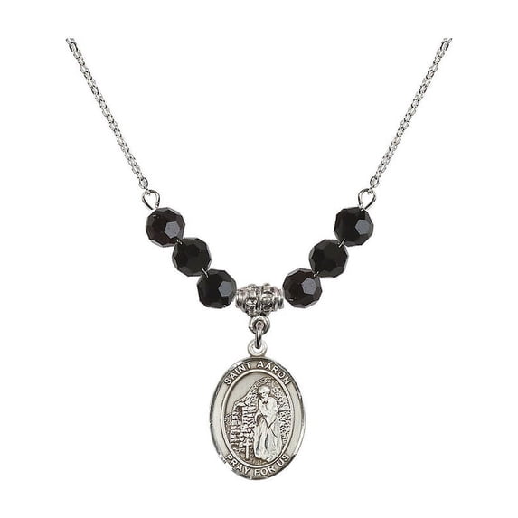 18-Inch Rhodium Plated Necklace with 6mm Jet Birth Month Stone Beads and Saint Aaron Charm