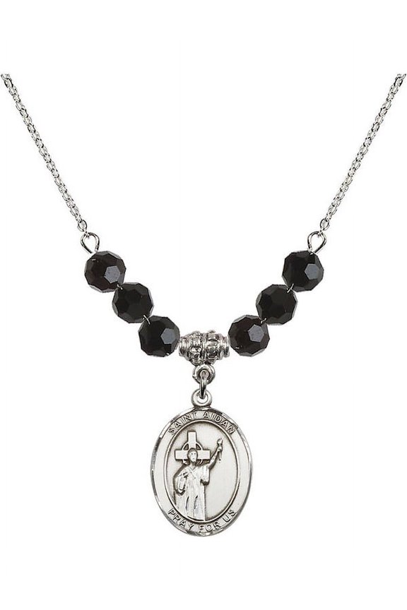 18-Inch Rhodium Plated Necklace with 6mm Jet Birth Month Stone Beads and Saint Aidan of Lindesfarne Charm