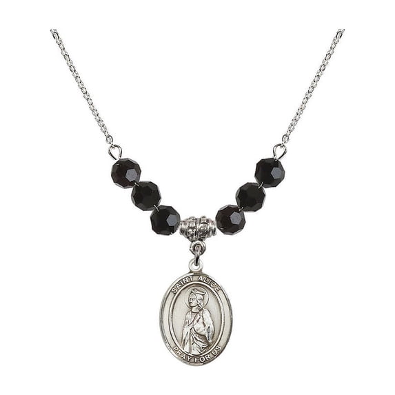 18-Inch Rhodium Plated Necklace with 6mm Jet Birth Month Stone Beads and Saint Alice Charm