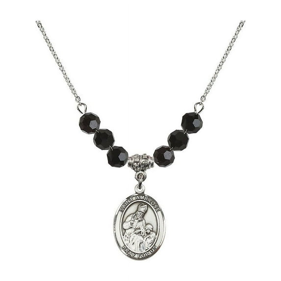 18-Inch Rhodium Plated Necklace with 6mm Jet Birth Month Stone Beads and Saint Ambrose Charm