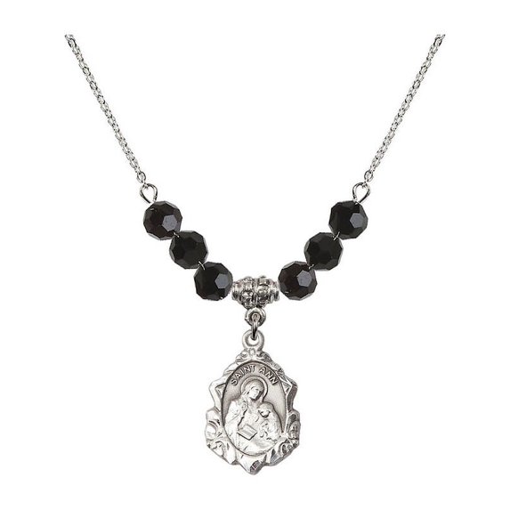 18-Inch Rhodium Plated Necklace with 6mm Jet Birth Month Stone Beads and Saint Ann Charm