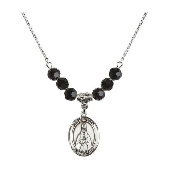 18-Inch Rhodium Plated Necklace with 6mm Jet Birth Month Stone Beads and Saint Blaise Charm