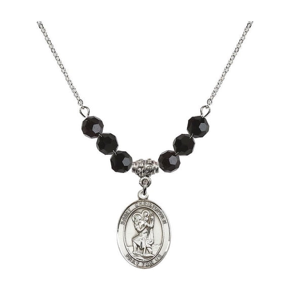 18-Inch Rhodium Plated Necklace with 6mm Jet Birth Month Stone Beads and Saint Christopher Charm