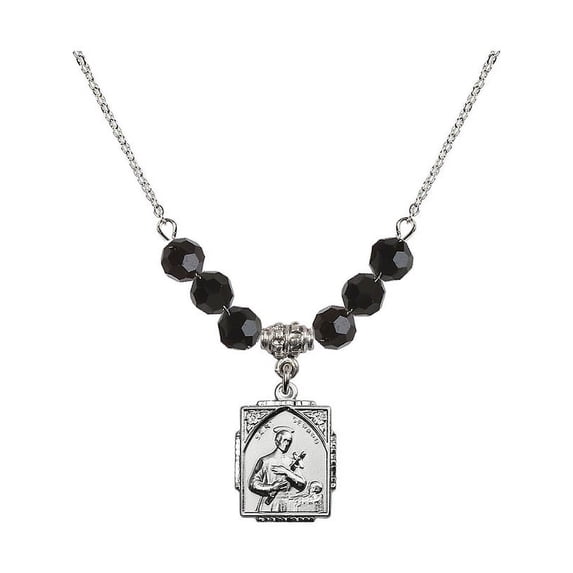 18-Inch Rhodium Plated Necklace with 6mm Jet Birth Month Stone Beads and Saint Gerard Charm