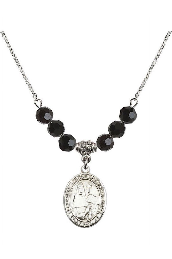 18-Inch Rhodium Plated Necklace with 6mm Jet Birth Month Stone Beads and Saint Jeanne Chezard de Matel Charm