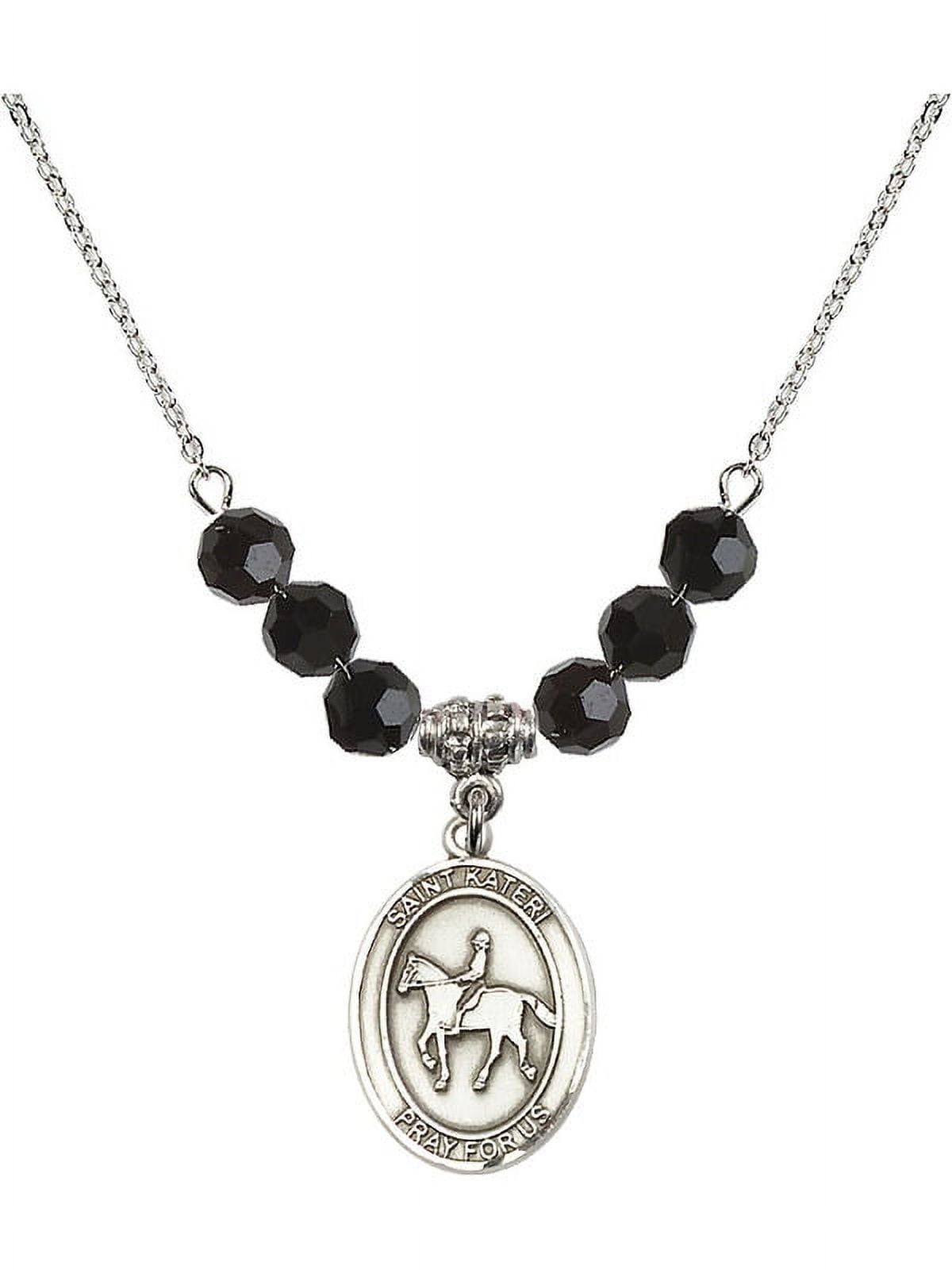 18-Inch Rhodium Plated Necklace with 6mm Jet Birth Month Stone Beads and Saint Kateri/Equestrian Charm