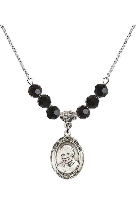 18-Inch Rhodium Plated Necklace with 6mm Jet Birth Month Stone Beads and Saint Luigi Orione Charm