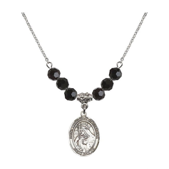 18-Inch Rhodium Plated Necklace with 6mm Jet Birth Month Stone Beads and Saint Margaret of Cortona Charm