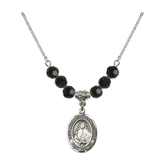 18-Inch Rhodium Plated Necklace with 6mm Jet Birth Month Stone Beads and Saint Maria Bertilla Boscardin Charm