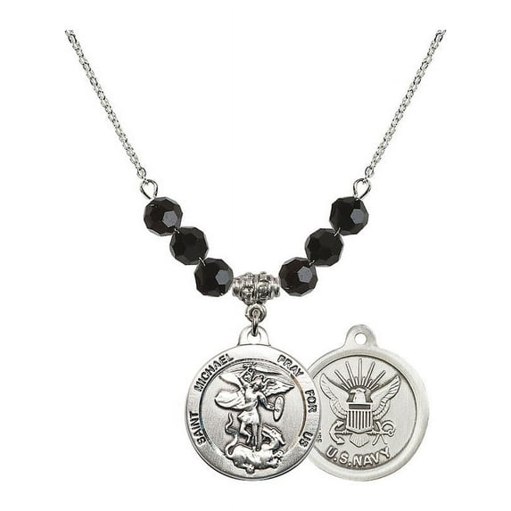 18-Inch Rhodium Plated Necklace with 6mm Jet Birth Month Stone Beads and Saint Michael / Navy Charm
