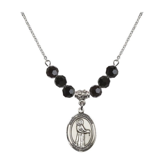 18-Inch Rhodium Plated Necklace with 6mm Jet Birth Month Stone Beads and Saint Petronille Charm