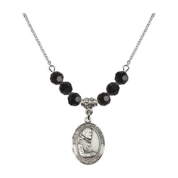 18-Inch Rhodium Plated Necklace with 6mm Jet Birth Month Stone Beads and Saint Pio of Pietrelcina Charm