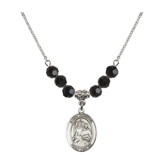 18-Inch Rhodium Plated Necklace with 6mm Jet Birth Month Stone Beads and Saint Raphael the Archangel Charm