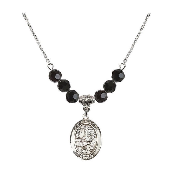 18-Inch Rhodium Plated Necklace with 6mm Jet Birth Month Stone Beads and Saint Rosalia Charm