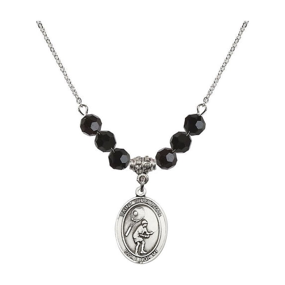18-Inch Rhodium Plated Necklace with 6mm Jet Birth Month Stone Beads and Saint Sebastian / Tennis Charm