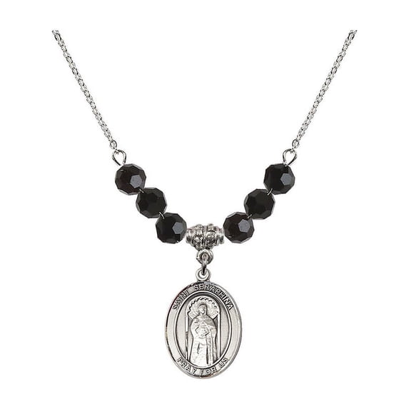 18-Inch Rhodium Plated Necklace with 6mm Jet Birth Month Stone Beads and Saint Seraphina Charm