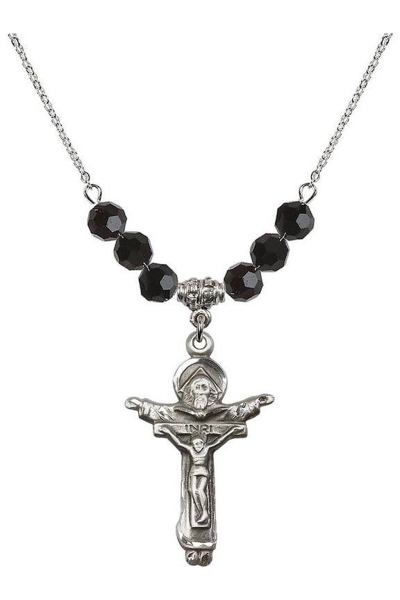 18-Inch Rhodium Plated Necklace with 6mm Jet Birth Month Stone Beads and Trinity Crucifix Charm