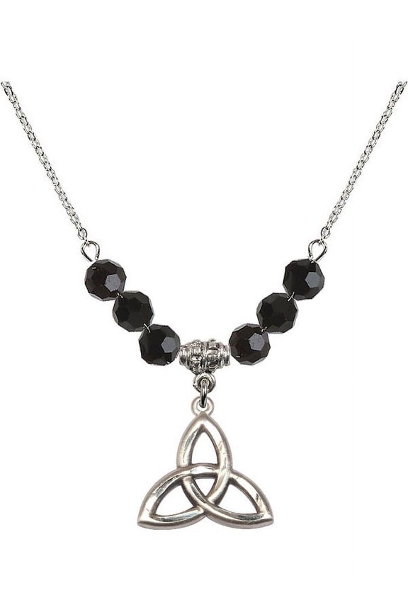 18-Inch Rhodium Plated Necklace with 6mm Jet Birth Month Stone Beads and Trinity Irish Knot Charm