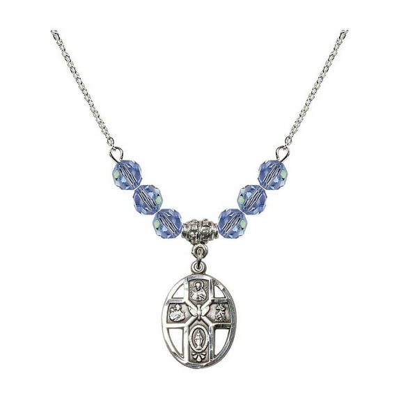 18-Inch Rhodium Plated Necklace with 6mm Light Blue September Birth Month Stone Beads and 5-Way / Holy Spirit Charm
