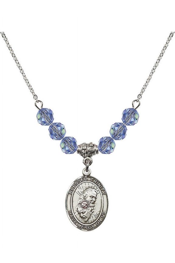 18-Inch Rhodium Plated Necklace with 6mm Light Blue September Birth Month Stone Beads and Blessed Trinity Charm