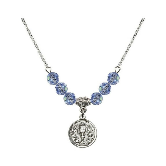 18-Inch Rhodium Plated Necklace with 6mm Light Blue September Birth Month Stone Beads and Communion Chalice Charm