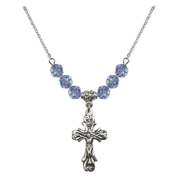 18-Inch Rhodium Plated Necklace with 6mm Light Blue September Birth Month Stone Beads and Crucifix Charm