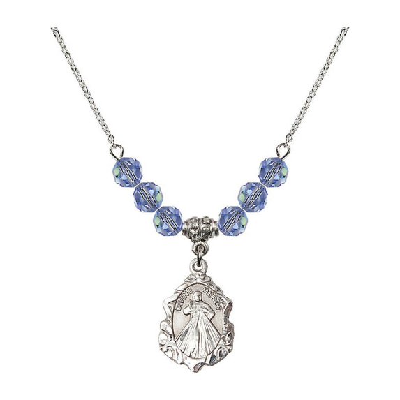 18-Inch Rhodium Plated Necklace with 6mm Light Blue September Birth Month Stone Beads and Divine Mercy Charm