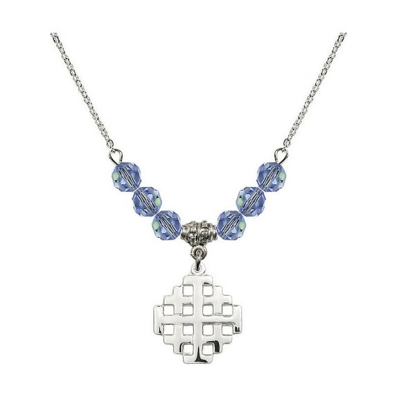 18-Inch Rhodium Plated Necklace with 6mm Light Blue September Birth Month Stone Beads and Jerusalem Cross Charm