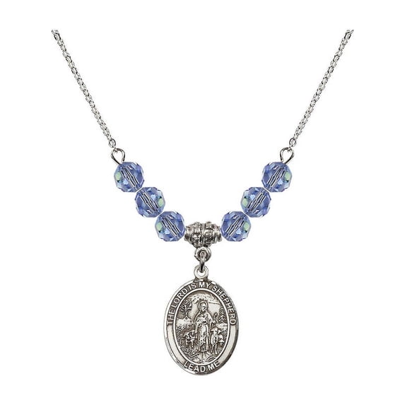 18-Inch Rhodium Plated Necklace with 6mm Light Blue September Birth Month Stone Beads and Lord Is My Shepherd Charm