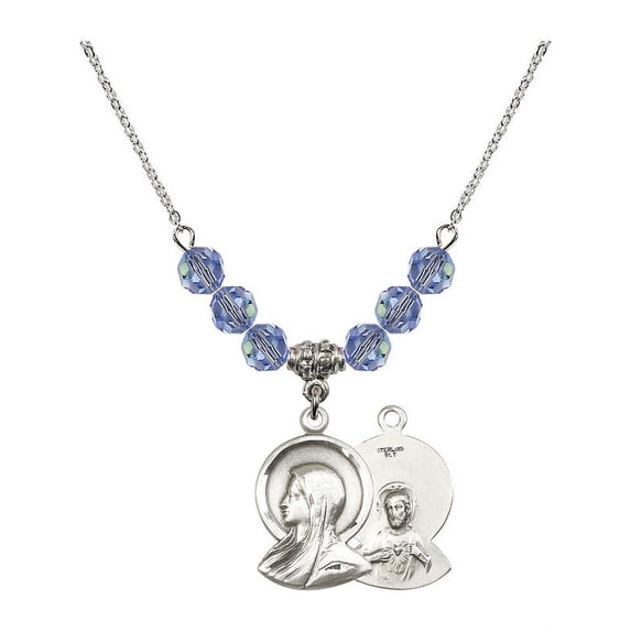 18-Inch Rhodium Plated Necklace with 6mm Light Blue September Birth Month Stone Beads and Madonna Charm