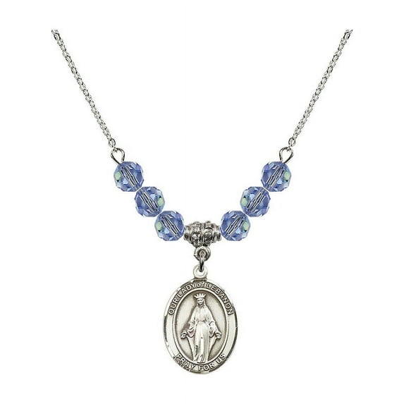 18-Inch Rhodium Plated Necklace with 6mm Light Blue September Birth Month Stone Beads and Our Lady of Lebanon Charm
