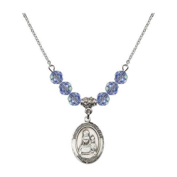 18-Inch Rhodium Plated Necklace with 6mm Light Blue September Birth Month Stone Beads and Our Lady of Loretto Charm