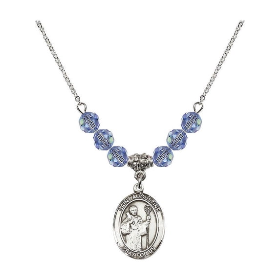 18-Inch Rhodium Plated Necklace with 6mm Light Blue September Birth Month Stone Beads and Saint Augustine Charm