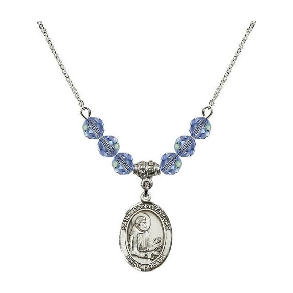 18-Inch Rhodium Plated Necklace with 6mm Light Blue September Birth Month Stone Beads and Saint Bonaventure Charm