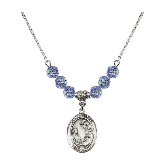 18-Inch Rhodium Plated Necklace with 6mm Light Blue September Birth Month Stone Beads and Saint Cecilia Charm
